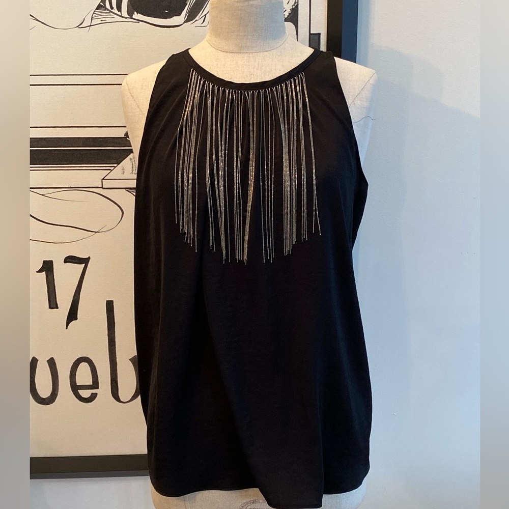 Jennifer Lopez Womens Black Tank Top w Long Silver Chain Fringe / Size S